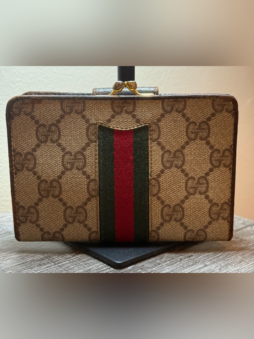 Vintage Gucci GG Supreme Web Stripe Compact Wallet Brown Italy Authenticated - Picture 2 of 16